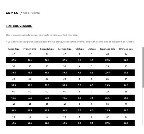 armani women's jeans size chart.